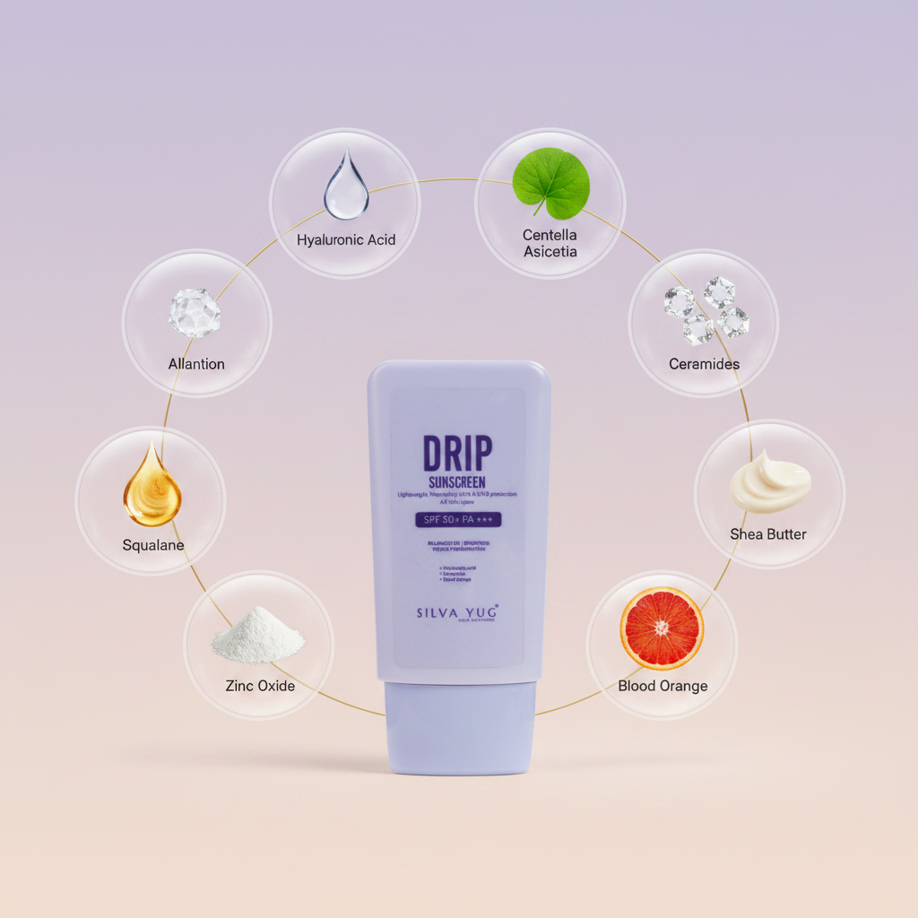 Drip Sunscreen SPF 50+ PA+++ | Absorption under 5 seconds | APF & Multi-Vitamins for glowing skin | Ultra Light weight, Non-sticky/ Non-Greasy protection from UVA & UVB rays that leaves No White Cast | Hyaluronic acid, Ceramides, Blood orange